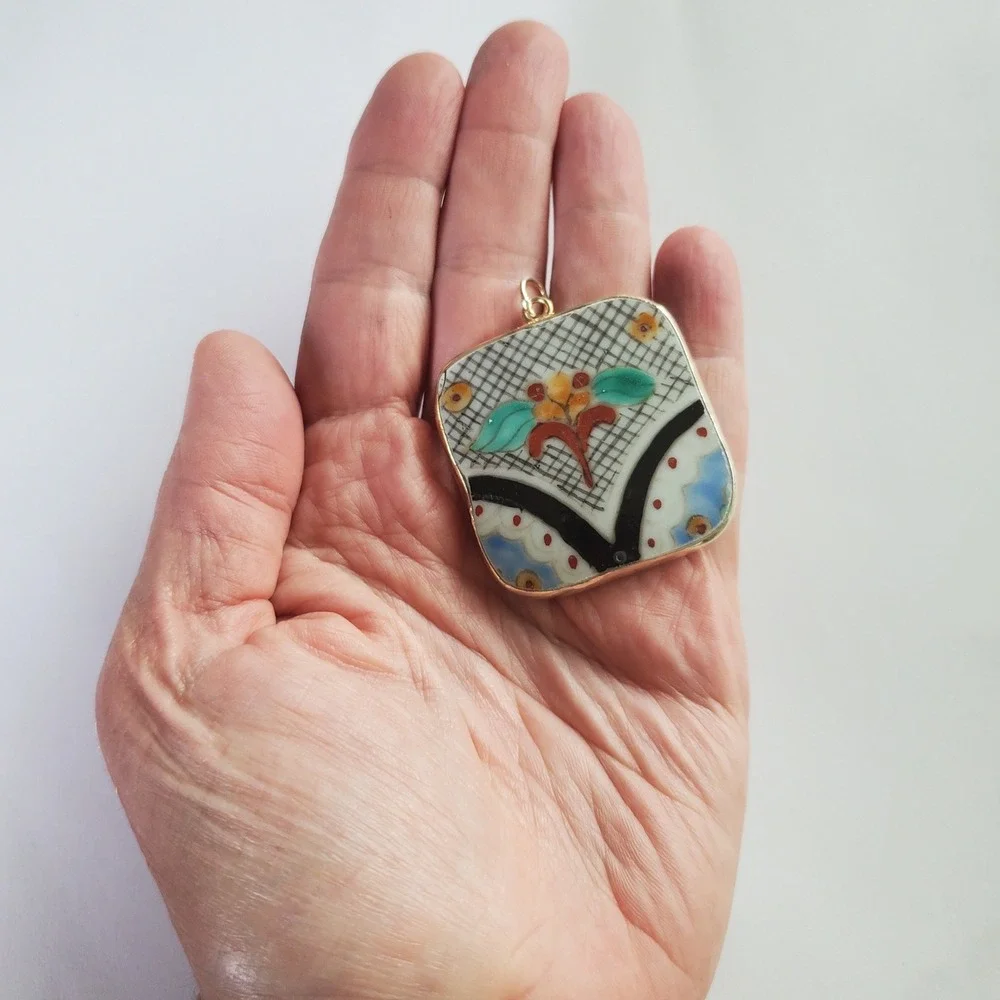 Vintage Hand Painted Talavera‎ Tile Pottery Shard Pendant Floral Square Jewelry